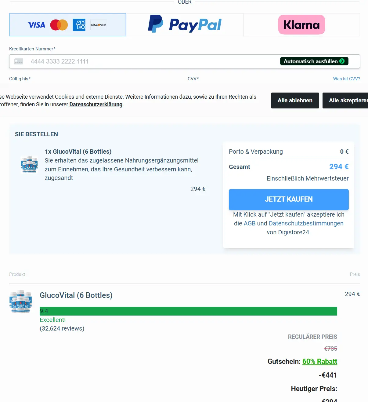 Sichere Checkout-Seite für Glucovital